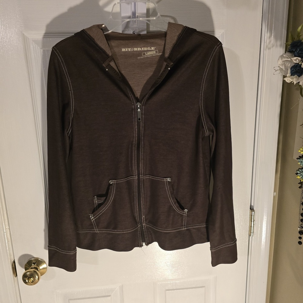 Bit & Bridle Brown Full-Zip Hoodie Jacket Womens Size Large Cozy Fall